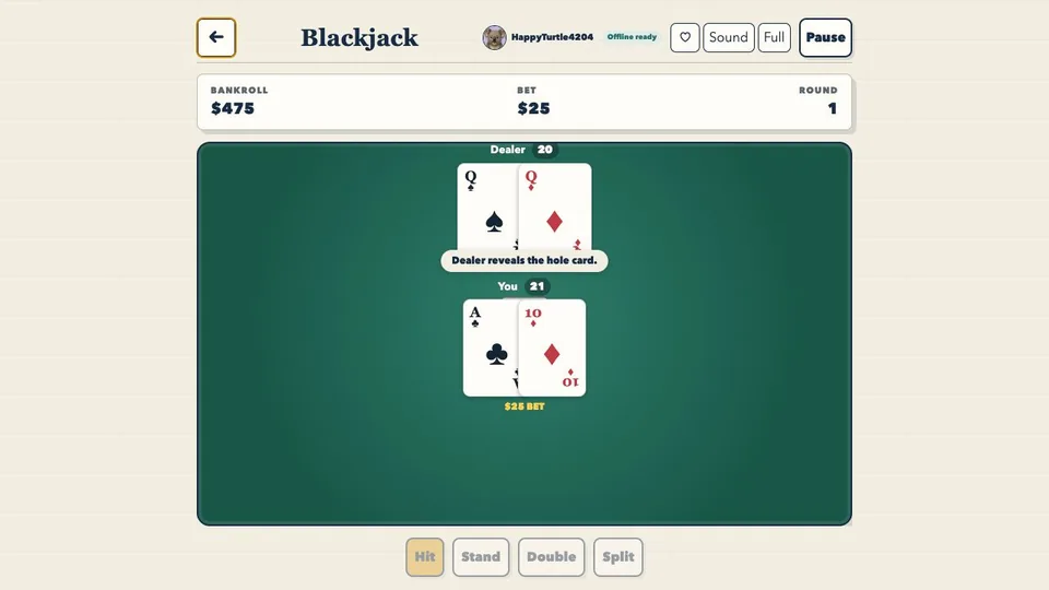 Blackjack browser game in play