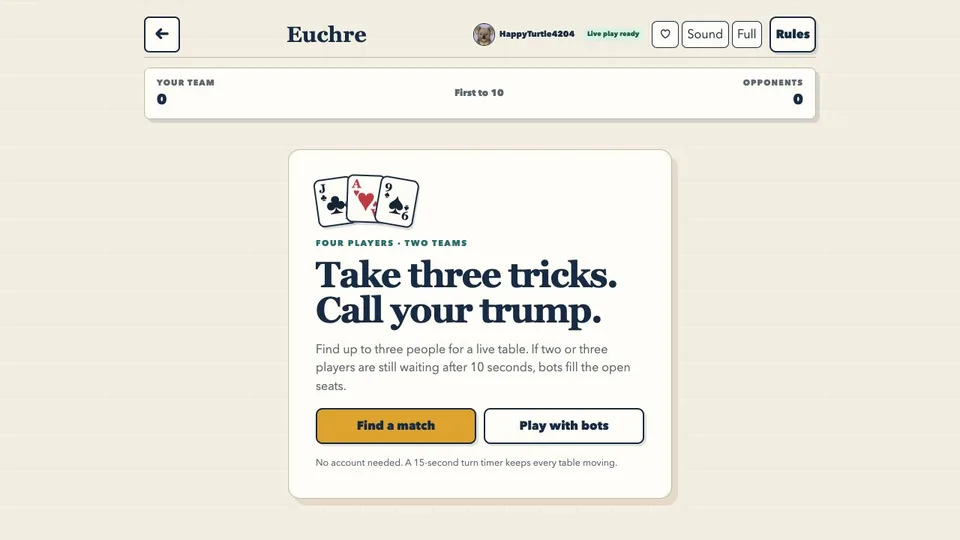 Euchre browser game in play
