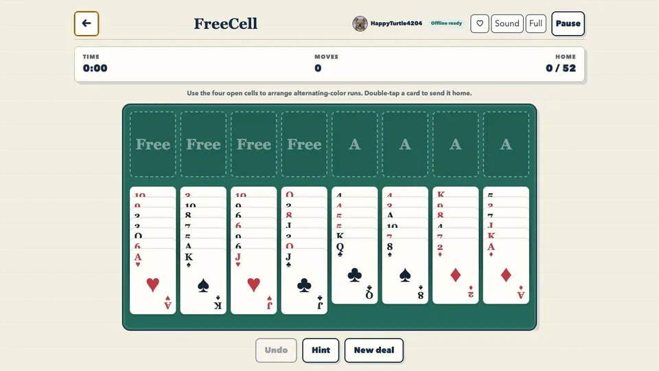 FreeCell browser game in play