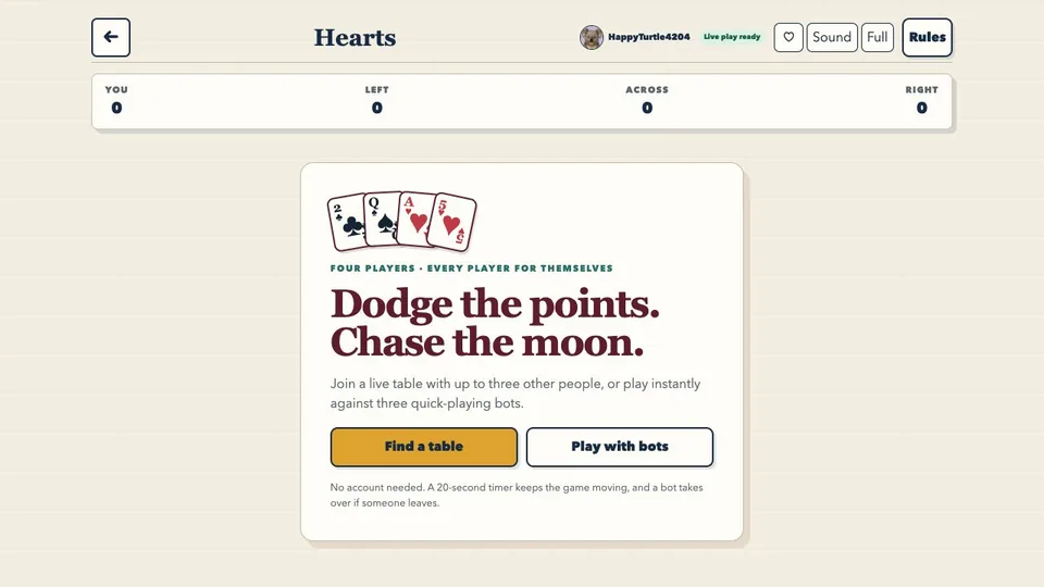 Hearts browser game in play
