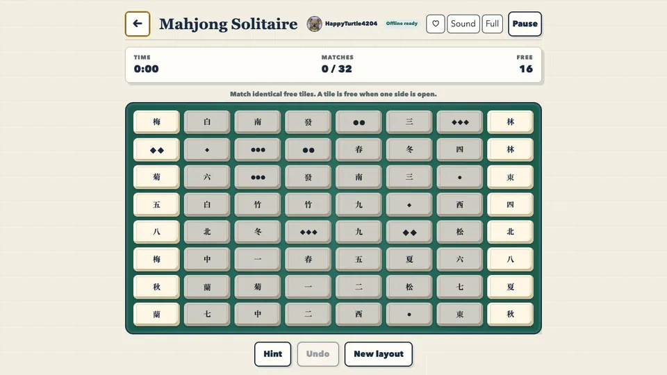 Mahjong Solitaire browser game in play