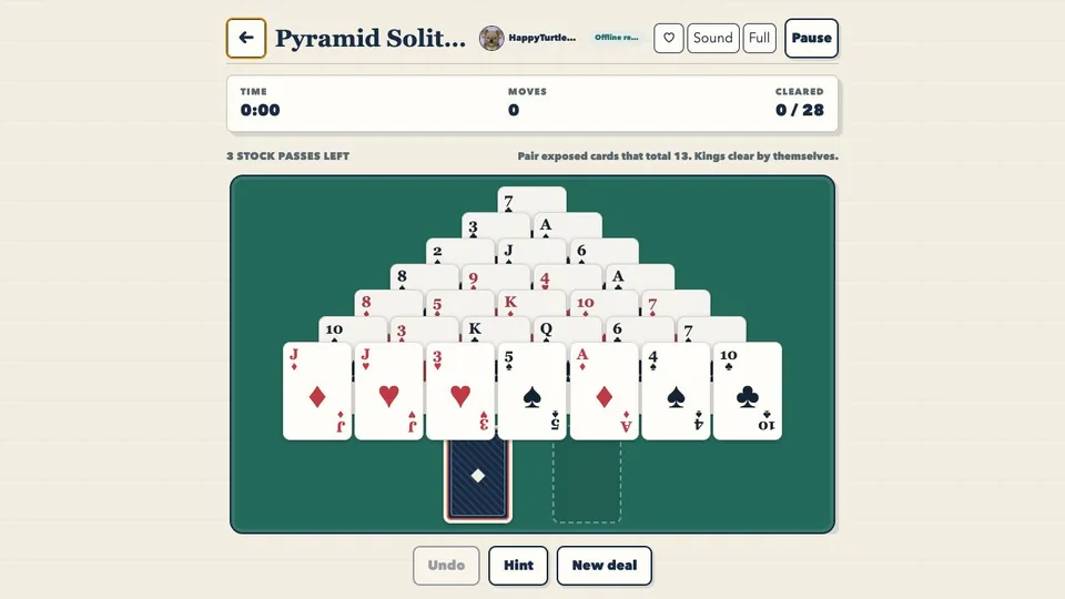 Pyramid Solitaire browser game in play
