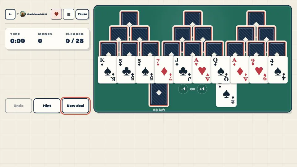 TriPeaks Solitaire browser game in play