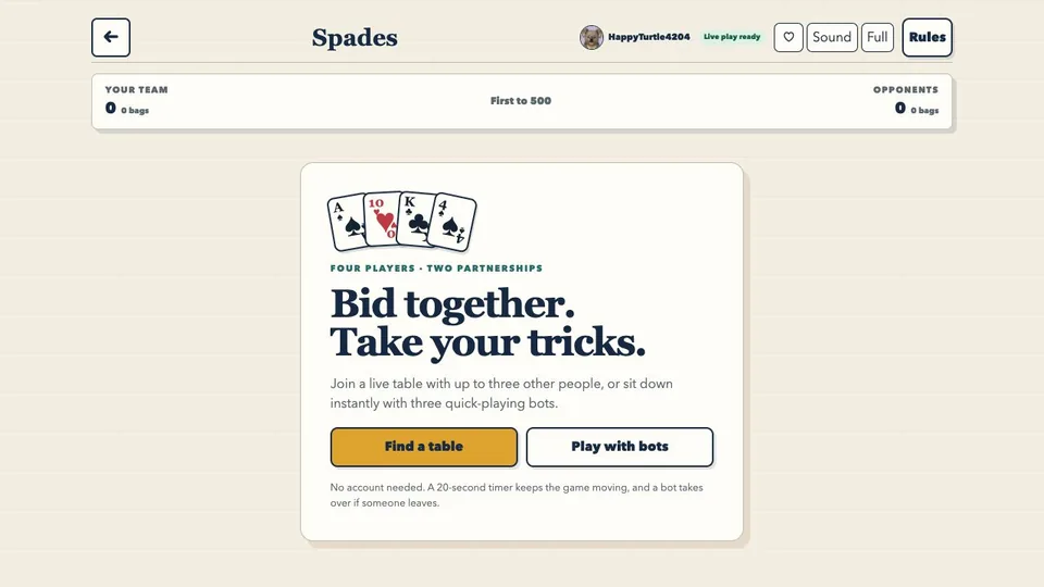 Spades browser game in play