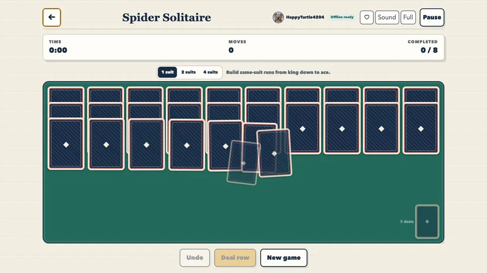 Spider Solitaire browser game in play