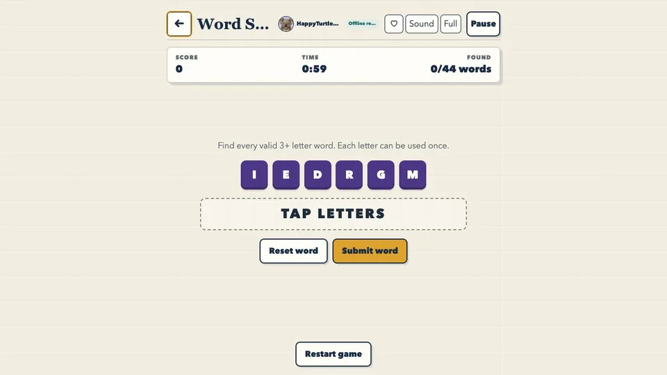 Word Snap browser game in play